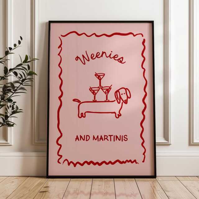 Martini & Weenies Poster, Bar Cart Art, Sausage Dog Daschund Poster, Dachshund Gift - image 1