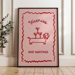 Martini & Weenies Poster, Bar Cart Art, Sausage Dog Daschund Poster, Dachshund Gift - thumbnail 1