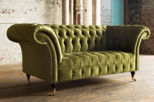 2 Seater Green Velvet Fabric Chesterfield Sofa, British Handmade - image 1