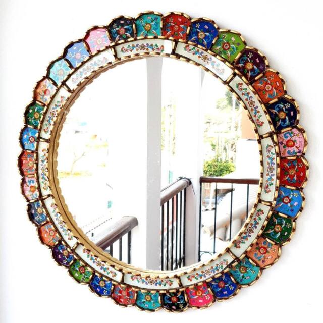 Round Multicolor & Gold Mirror 60cm - Boho Sunburst Wall Large Handmade Peruvian Colorful Statement - image 1