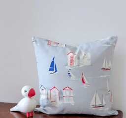 Beach Hut Sailboat Cotton Cushion Cover, Coastal Sea Theme Scatter Pillow - thumbnail 1