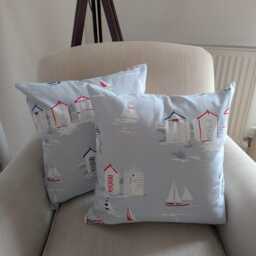 Beach Hut Sailboat Cotton Cushion Cover, Coastal Sea Theme Scatter Pillow - thumbnail 3
