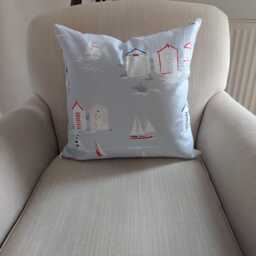 Beach Hut Sailboat Cotton Cushion Cover, Coastal Sea Theme Scatter Pillow - thumbnail 2