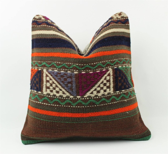 Vintage Kilim Pillow Cover Hand-Spun Wool, Turkish Cotton, 16x16 Inch - image 1