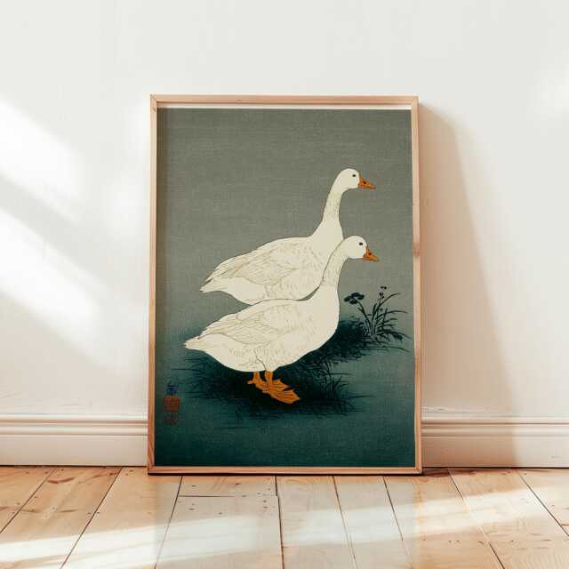 Two White Geese Poster - Japanese Woodblock Illustration Teal Minimalist Bird Art - image 1