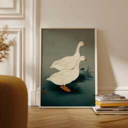 Two White Geese Poster - Japanese Woodblock Illustration Teal Minimalist Bird Art - thumbnail 2