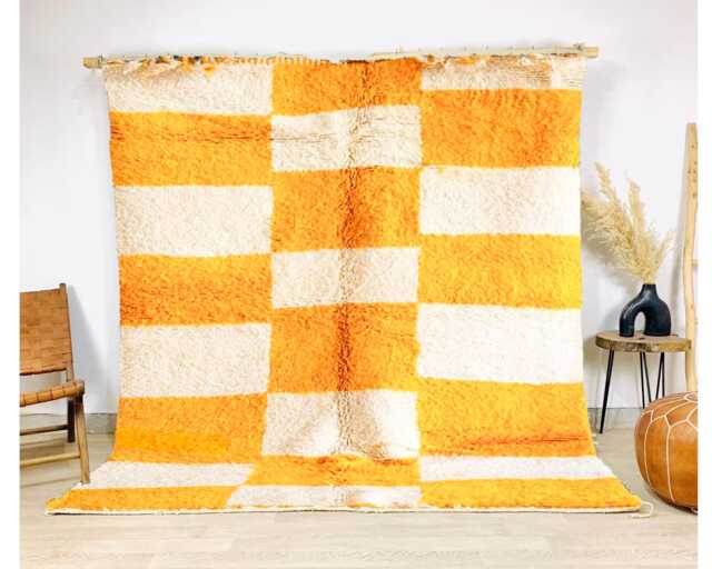 Large Yellow Checkered Moroccan Rug, Berber Shag Handmade Wool Area Carpet - image 1