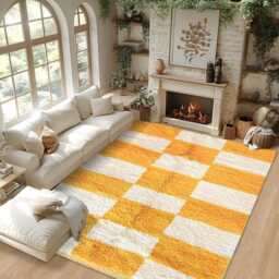 Large Yellow Checkered Moroccan Rug, Berber Shag Handmade Wool Area Carpet - thumbnail 2