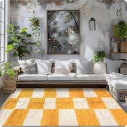 Large Yellow Checkered Moroccan Rug, Berber Shag Handmade Wool Area Carpet - thumbnail 3
