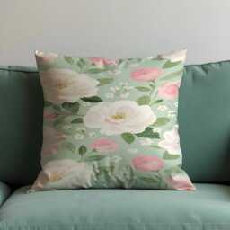 Floral Cushion Cover, Watercolour Rose Pillowcase, Sage Green Botanical Decorative Throw Case For Sofa Bed - thumbnail 1