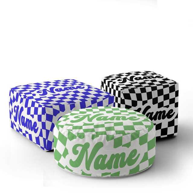 Personalised Custom Name Retro Vans Checked Ottoman Filled Pouffe Footrest Stool Washable Cover Zip Closure Pet His Her Gift - image 1