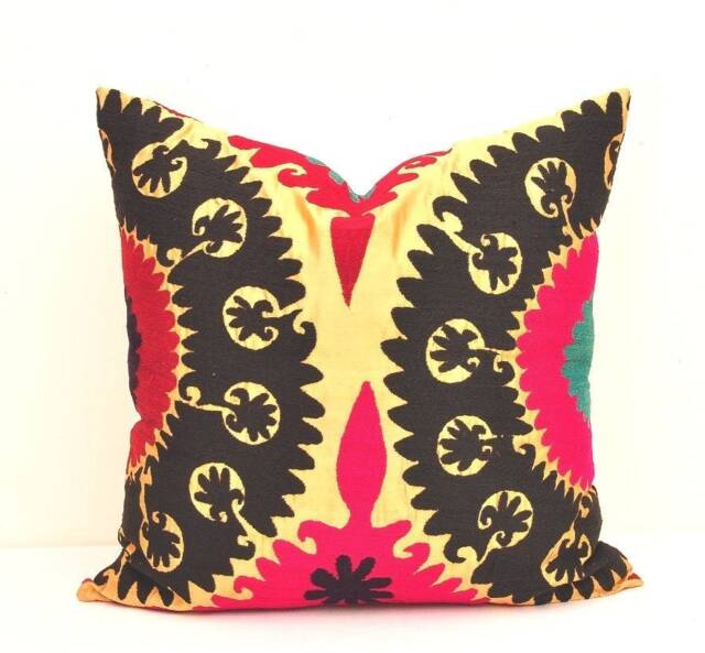 Embroidered Suzani Pillow Cover, Silk Embroidery Uzbek Cushion, Handloom Ikat, 20x20 Inch - image 1