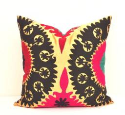 Embroidered Suzani Pillow Cover, Silk Embroidery Uzbek Cushion, Handloom Ikat, 20x20 Inch - thumbnail 1
