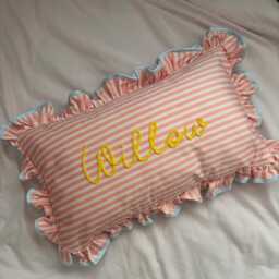 Personalised Name Hand Embroided Stripe Frill Ruffle Cushion Girl Nursery Decor Bedroom Baby Shower Children's Heirloom Gift Whimsy Pink