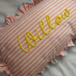 Personalised Name Hand Embroided Stripe Frill Ruffle Cushion Girl Nursery Decor Bedroom Baby Shower Children's Heirloom Gift Whimsy Pink - thumbnail 2