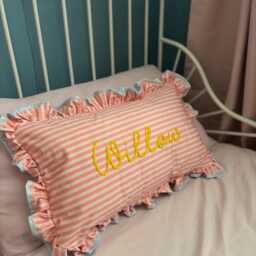 Personalised Name Hand Embroided Stripe Frill Ruffle Cushion Girl Nursery Decor Bedroom Baby Shower Children's Heirloom Gift Whimsy Pink - thumbnail 3