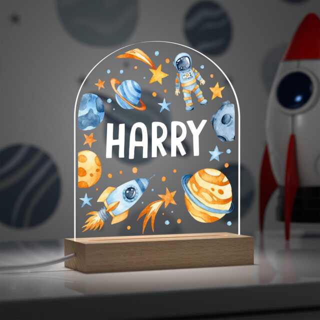 Personalised Boys Space Bedroom Night Light Custom Rocket Moon Stars Nursery Led Lamp With Any Name - image 1