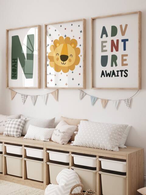 3 Boys Nursery Prints, Wall Art, Lion Personalised, Jungle Bedroom Safari Toddler - image 1
