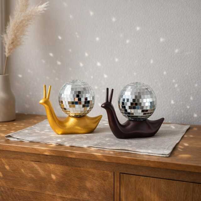 Mirror Mosaic Snail Decor - Disco Ball Ornament Gold & Mahogany Sculpture Glam Home Unique Gift For Her