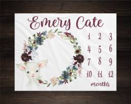 Girl Milestone Blanket Personalized Monthly Growth Tracker Custom Baby Shower Gift For New Mom Farm Animal Lamb Newborn Nursery - thumbnail 1