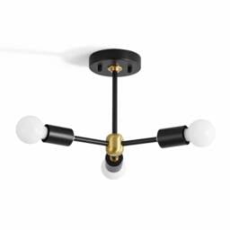 3 Light Black & Gold Semi Flush Ceiling - Exposed Bulb Fixture