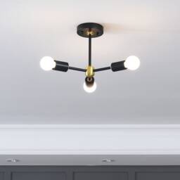 3 Light Black & Gold Semi Flush Ceiling - Exposed Bulb Fixture - thumbnail 2
