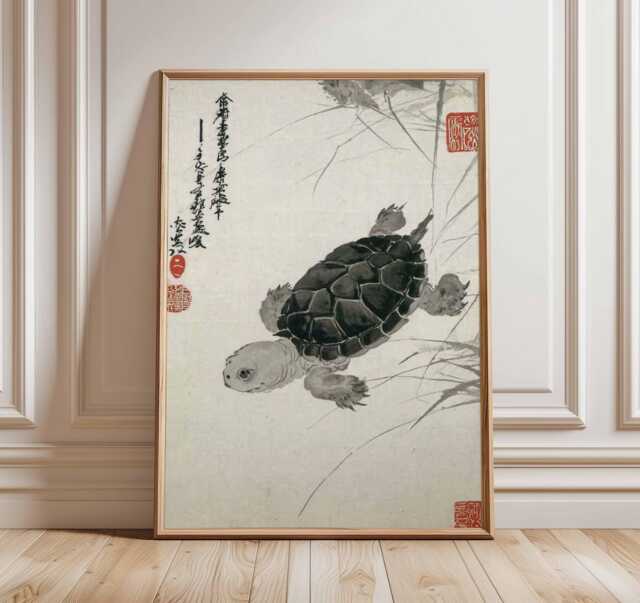 Chinese Turtle Wall Art Print, Asian Ink Painting Poster, Zen Animal Artwork, Oriental Style Tortoise Illustration Decor - image 1