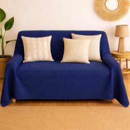 Navy Blue Recycled Cotton Blanket Sofa Cover, Large Woven Bed Throw, Eco Friendly Home Decor - thumbnail 2