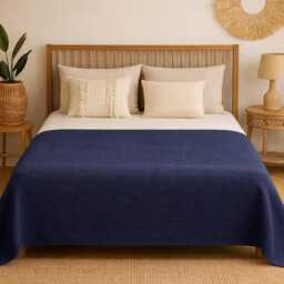 Navy Blue Recycled Cotton Blanket Sofa Cover, Large Woven Bed Throw, Eco Friendly Home Decor - thumbnail 3