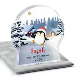 Baby First Christmas 2025 Decoration, My Christmas, Custom Penguin Snow Globe Gift, Baby's 1st With Grey Bag - thumbnail 2