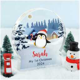 Baby First Christmas 2025 Decoration, My Christmas, Custom Penguin Snow Globe Gift, Baby's 1st With Grey Bag - thumbnail 1