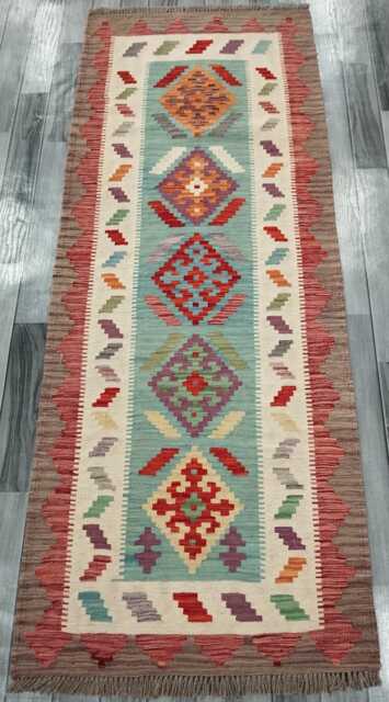 Multicolour Runner Rug, Handmade Artisan Afghan Turkish Scandinavian Navajo Bohemian Flatweave Wool Kilim 202x79 cm - image 1
