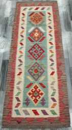 Multicolour Runner Rug, Handmade Artisan Afghan Turkish Scandinavian Navajo Bohemian Flatweave Wool Kilim 202x79 cm - thumbnail 1