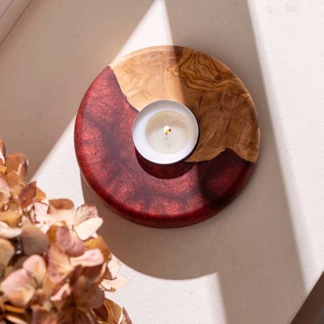 Handcrafted Olive Wood & Resin Tealight Holder, Modern Home Decor, Gift For Mom - image 1