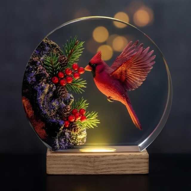 Majestic Cardinal Led Night Light, Unique Bird Art Resin Lamp, Christmas Woodland Decor, Nature Lover Gift, Tabletop Ornament - image 1