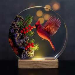 Majestic Cardinal Led Night Light, Unique Bird Art Resin Lamp, Christmas Woodland Decor, Nature Lover Gift, Tabletop Ornament - thumbnail 1