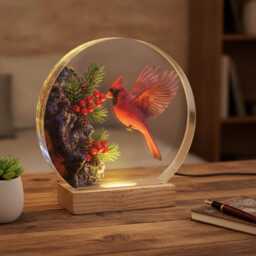 Majestic Cardinal Led Night Light, Unique Bird Art Resin Lamp, Christmas Woodland Decor, Nature Lover Gift, Tabletop Ornament - thumbnail 3