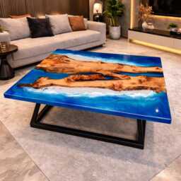 Personalized Live Edge Resin Dining Table Blue Ocean Epoxy, Reclaimed Wood - thumbnail 2