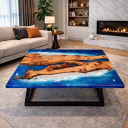 Personalized Live Edge Resin Dining Table Blue Ocean Epoxy, Reclaimed Wood - thumbnail 3