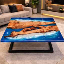 Personalized Live Edge Resin Dining Table Blue Ocean Epoxy, Reclaimed Wood - thumbnail 1