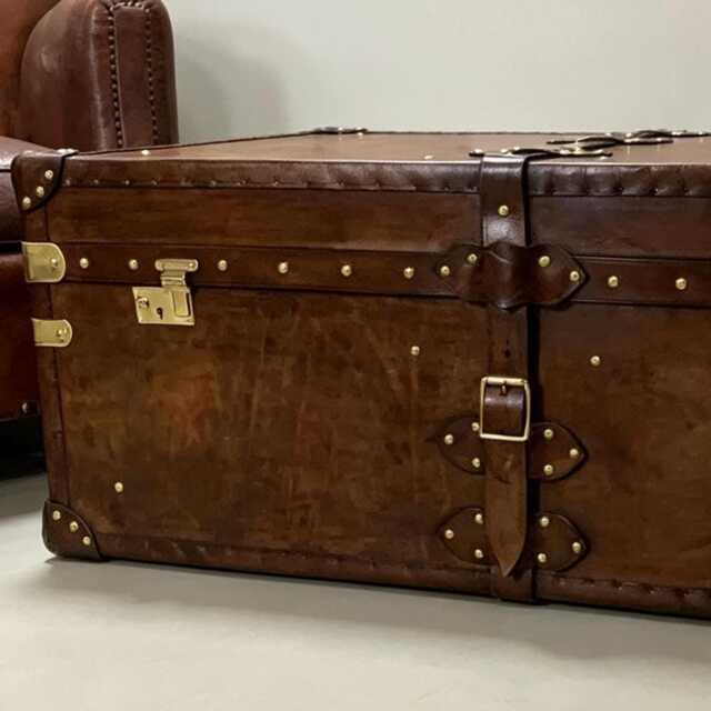 Leather Trunk Coffee Table Large Wooden Storage Chest, Artisan Furniture Accent Piece - image 1