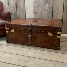 Leather Trunk Coffee Table Large Wooden Storage Chest, Artisan Furniture Accent Piece - thumbnail 4