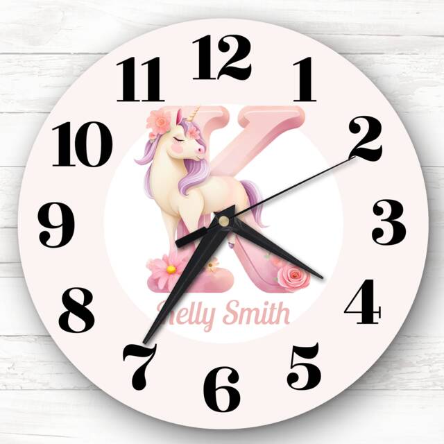Pink Unicorn Alphabet Letter K Personalised Gift Clock - image 1