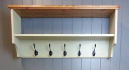Hat & Coat Rack With Shelf. Painted Wall Mounted Solid Wood Display Shelves Cast Iron Hooks For Hall Kitchen Bathroom Or Bedroom