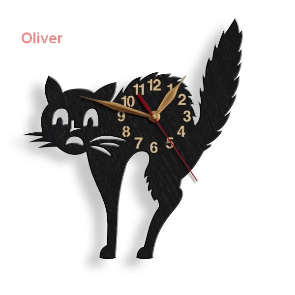 Wall Clock Black Cat Butt, Big Wood Non-Ticking, Large 12-18 Inch Height, Mid Century Modern Atomic - image 1
