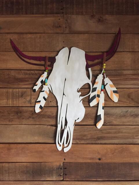 Western Metal Wall Art - Decor Hand Painted Cow Skull- Feathers Tribal Bohemian - image 1