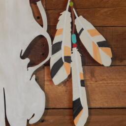 Western Metal Wall Art - Decor Hand Painted Cow Skull- Feathers Tribal Bohemian - thumbnail 2
