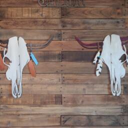 Western Metal Wall Art - Decor Hand Painted Cow Skull- Feathers Tribal Bohemian - thumbnail 4