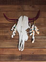 Western Metal Wall Art - Decor Hand Painted Cow Skull- Feathers Tribal Bohemian - thumbnail 1