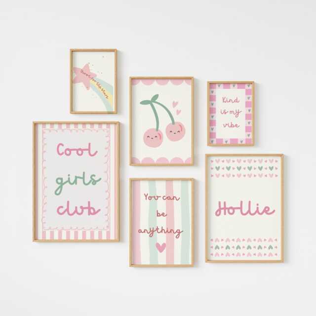 Set Of Personalised Pastel Pink Gallery Wall Prints For Girls Bedroom, Playroom Or Nursery - image 1